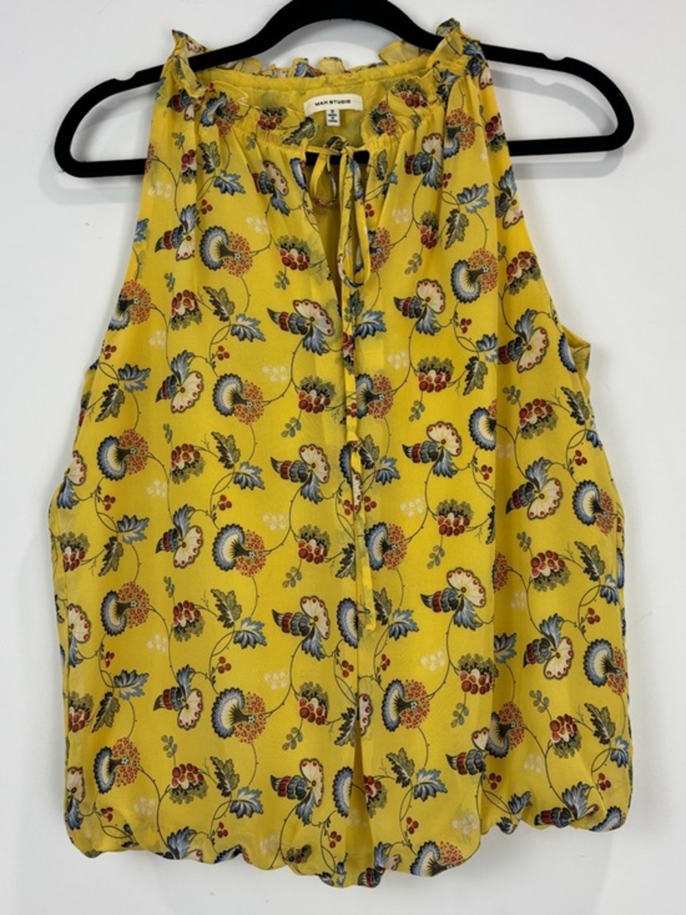 Max Studio Yellow Floral Sleeveless Blouse S Boho Peasant Tie Neck Summer Top